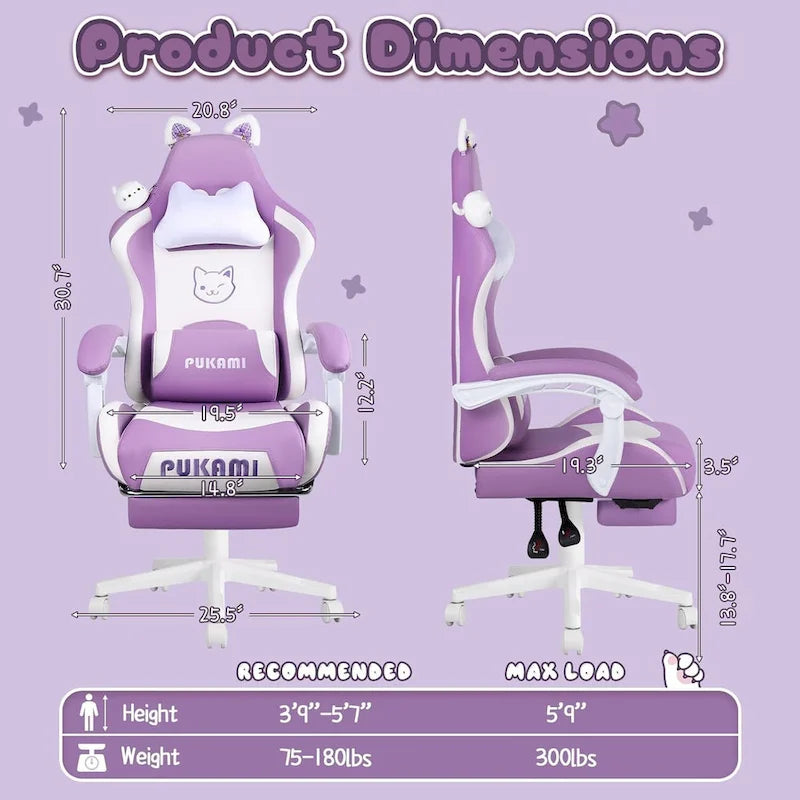 Silla Gaming Negra/Rosa con Orejas de Gato y Reposapiés, Reclinable, para 1 Persona