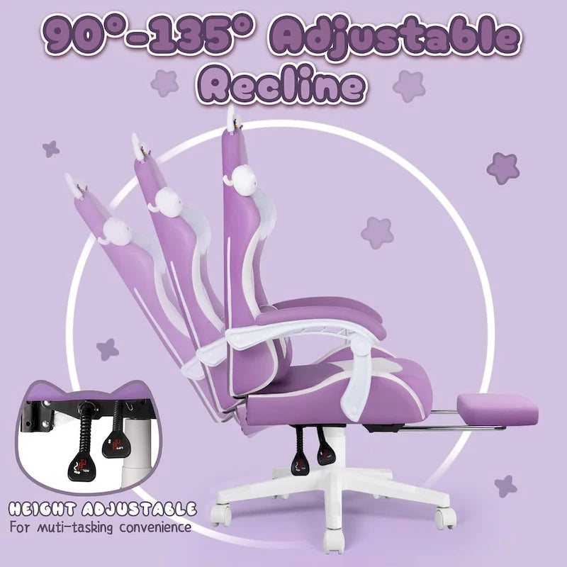 Silla Gaming Negra/Rosa con Orejas de Gato y Reposapiés, Reclinable, para 1 Persona