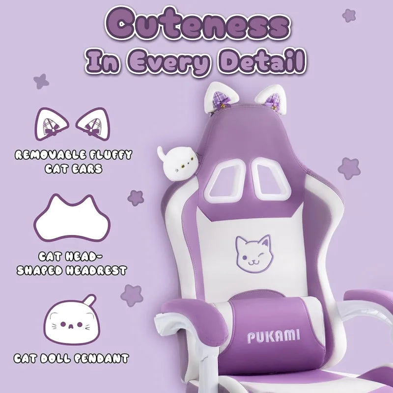 Silla Gaming Negra/Rosa con Orejas de Gato y Reposapiés, Reclinable, para 1 Persona