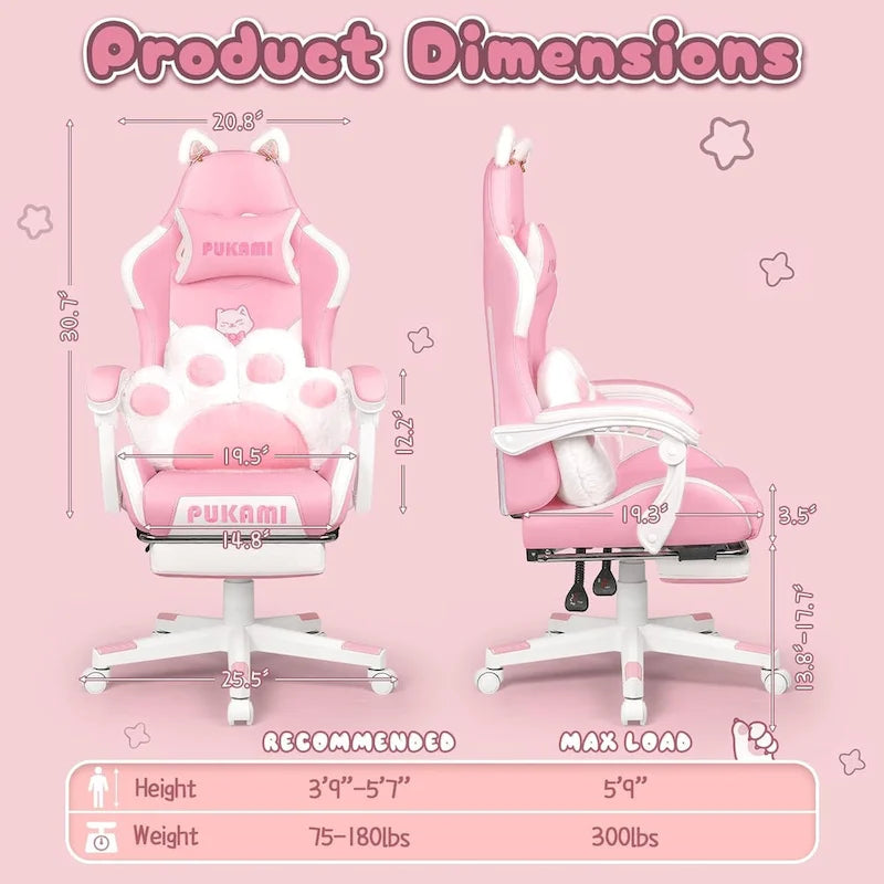 Silla Gaming Negra/Rosa con Orejas de Gato y Reposapiés, Reclinable, para 1 Persona