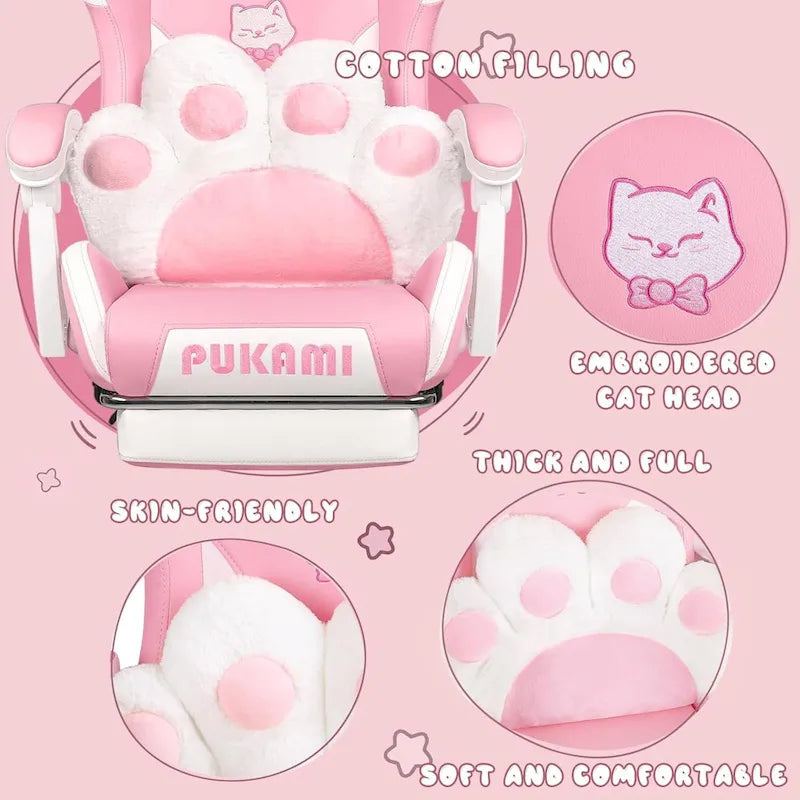 Silla Gaming Negra/Rosa con Orejas de Gato y Reposapiés, Reclinable, para 1 Persona