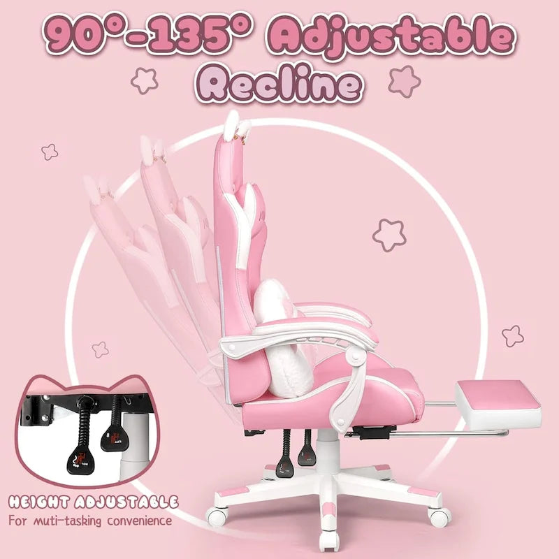 Silla Gaming Negra/Rosa con Orejas de Gato y Reposapiés, Reclinable, para 1 Persona