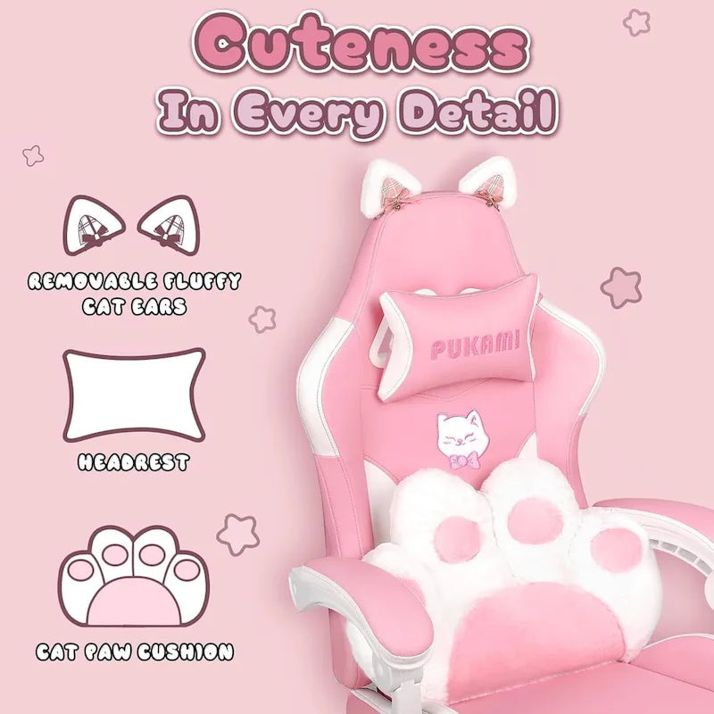 Silla Gaming Negra/Rosa con Orejas de Gato y Reposapiés, Reclinable, para 1 Persona