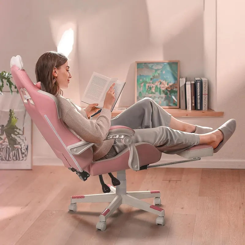 Silla Gaming Negra/Rosa con Orejas de Gato y Reposapiés, Reclinable, para 1 Persona