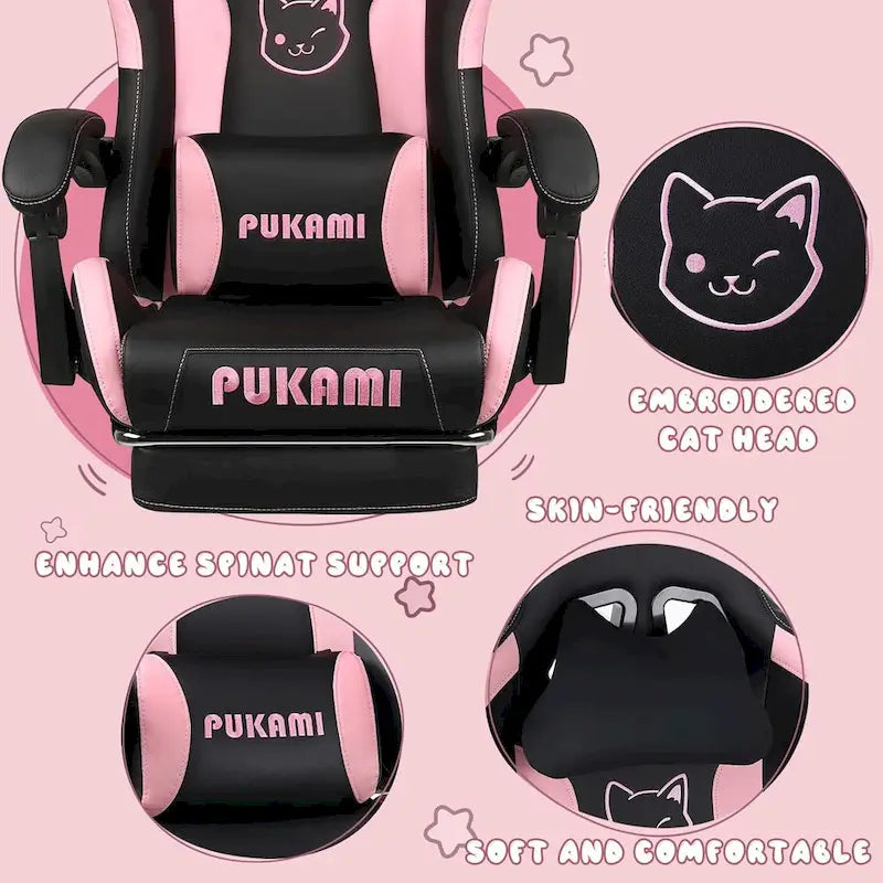 Silla Gaming Negra/Rosa con Orejas de Gato y Reposapiés, Reclinable, para 1 Persona