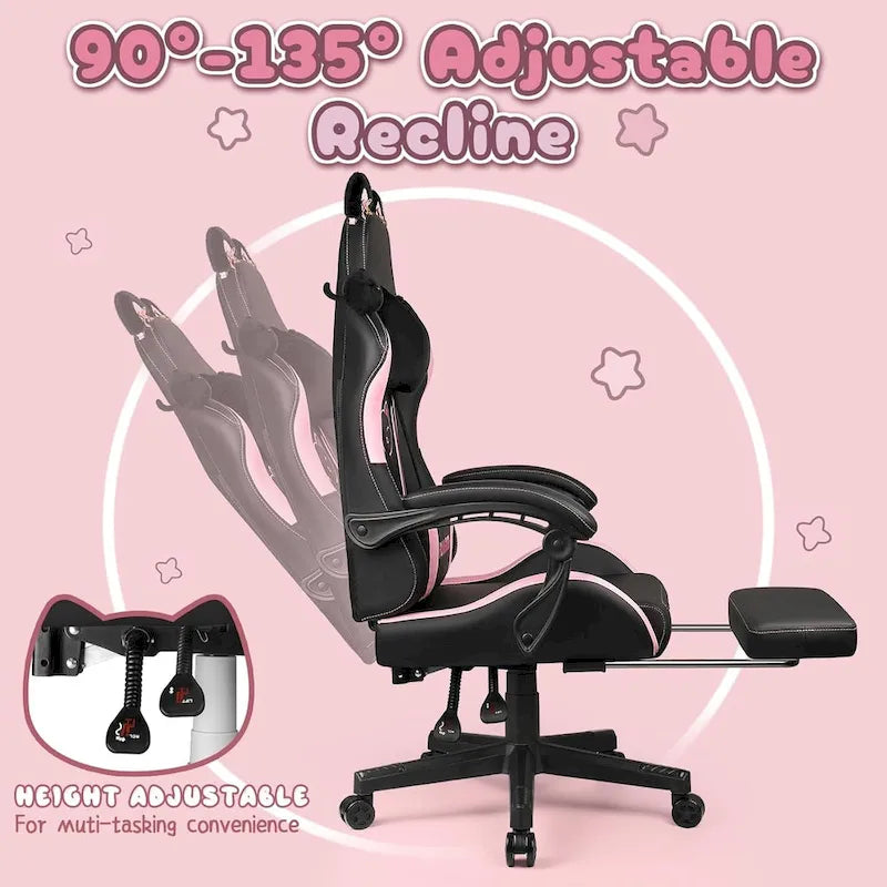 Silla Gaming Negra/Rosa con Orejas de Gato y Reposapiés, Reclinable, para 1 Persona