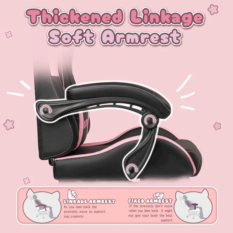 Silla Gaming Negra/Rosa con Orejas de Gato y Reposapiés, Reclinable, para 1 Persona