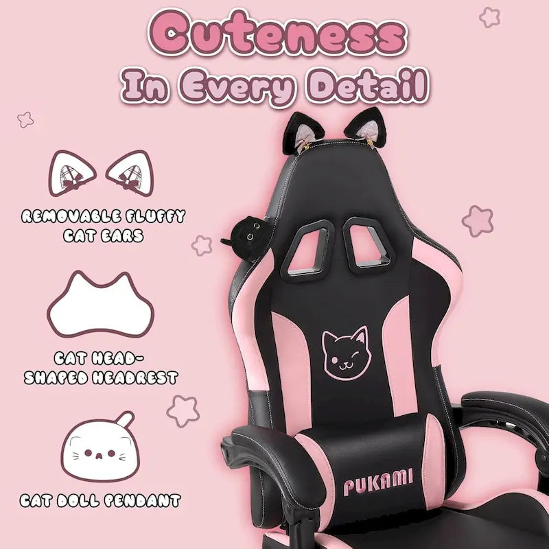 Silla Gaming Negra/Rosa con Orejas de Gato y Reposapiés, Reclinable, para 1 Persona